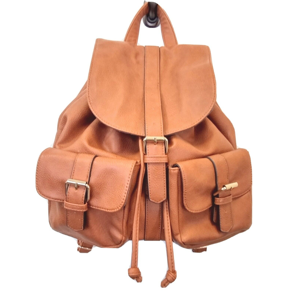 Backpack Cognac Faux Leather Just Fab Gold Hardware Snap Closure Two Pocket EUC